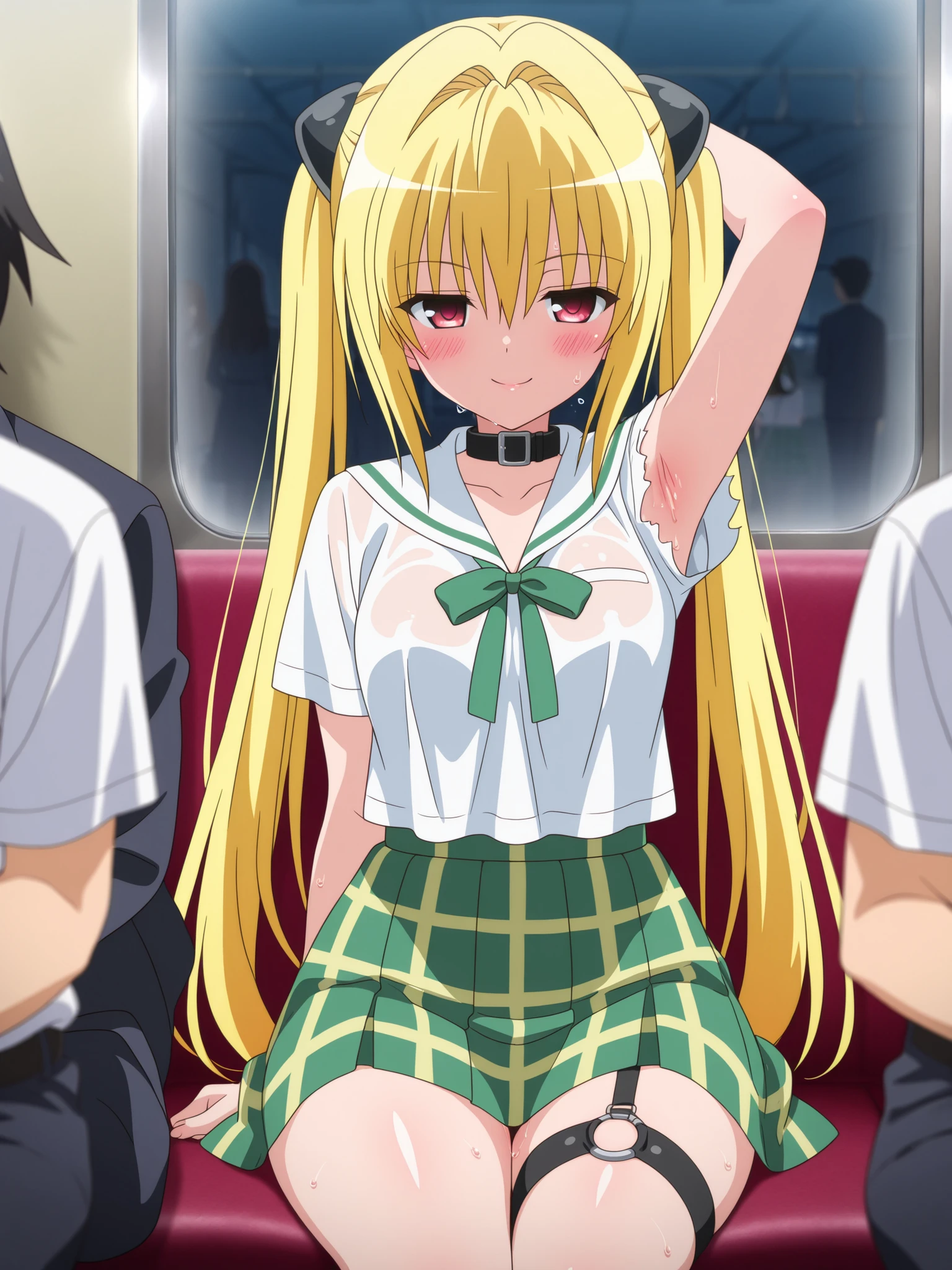 Close-up shots of sexy parts. Glamorous skin, Delicate, Wet skin feel, Busty elements, Sweat drops, Very delicate depiction of hair, Small breasts, Dynamic poses. Breasts, (masterpiece, top quality), very beautiful, Absurd, highly detailed CG unity 8K wallpaper, Spanish illustration, (glamorous look), anime style 4k,, anime moe art style, anime art wallpaper 4K, high quality anime art style,CUTE ANIME GIRL, depth of field, perfect hands, nice, familiar with digital animation art, anime art wallpaper 8k,,, 5_ others, 4_ others, 1_ parents also viewed, Face in love, blush, half closed eyes,
ToLOVEる ダークネス / 金色の闇 (Konjiki no Yami)
Prompt:
Yami lounges on a cushioned seat in an abandoned train car under moonlight streaming through cracked windows, her curvaceous body bathed in silvery glow. Her school uniform is torn, the white blouse open to reveal her generous cleavage, with her massive breasts heaving in a close-up shot that emphasizes their glossy fullness. Her yellow hair, styled in thin twin tails with black hair clips, is adorned with her long back hair spilling over the seat like a golden veil. The green ribbon dangles provocatively from her collar, while her green checkered skirt rides up to expose her thick thighs, the black leg garter belt on her left leg adding a tantalizing contrast. She leans back, one arm raised to reveal her smooth, glistening armpits, captured in a close-up shot that highlights their erotic allure. Her red eyes burn with a mix of cold calculation and hidden arousal, her lips curled into a teasing smirk. The low-angle perspective from the train floor accentuates her slender yet voluptuous silhouette, with rusted seats and moonlit shadows creating a haunting, sensual ambiance.