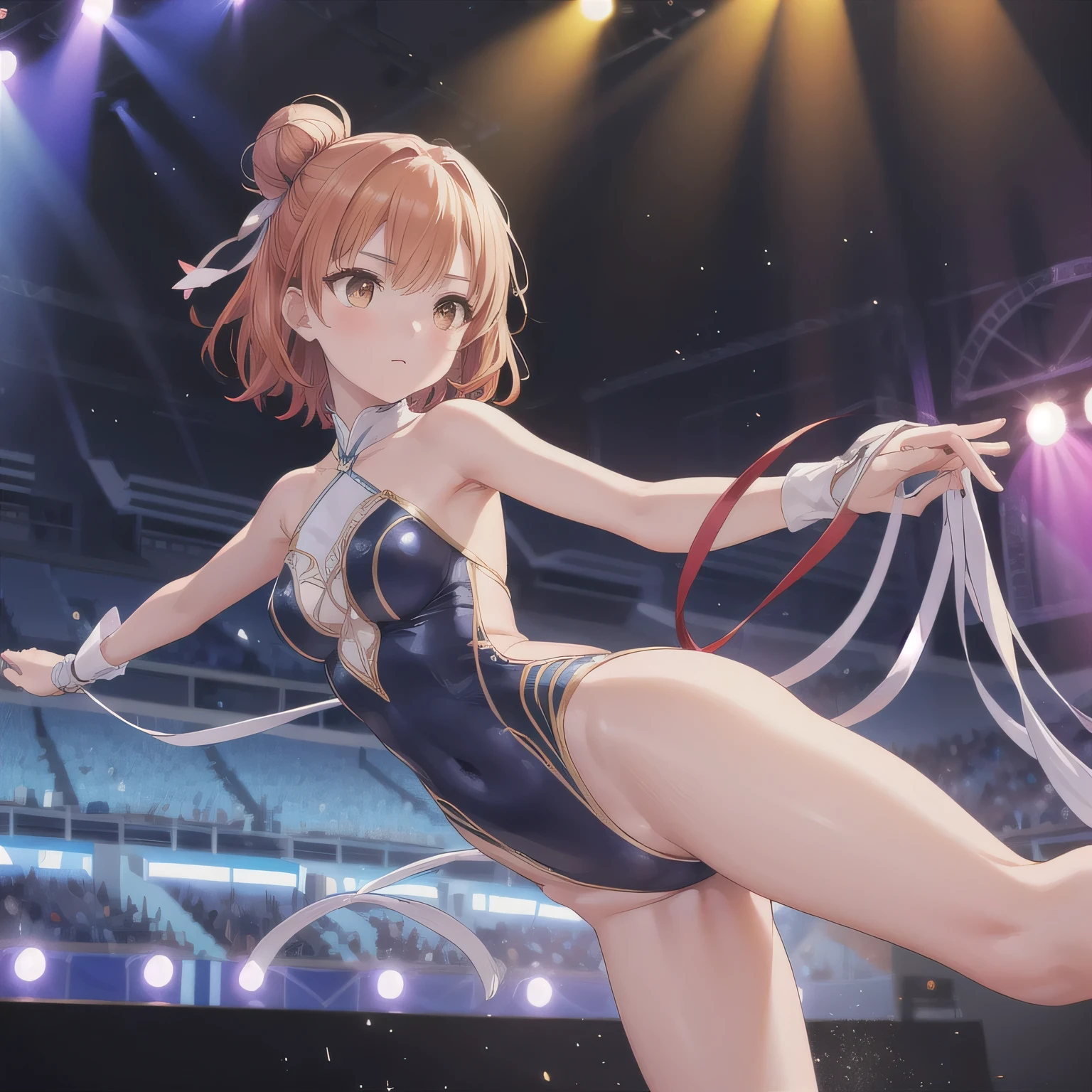 masterpiece, Highest quality, Confused, 1 girl, Looking at the audience,Embarrassed、、City、blush Surprised Red Chinese Dress Blue panties tights From below Blonde Black leg ((High Kick)) Perfect Legs Beautiful legs