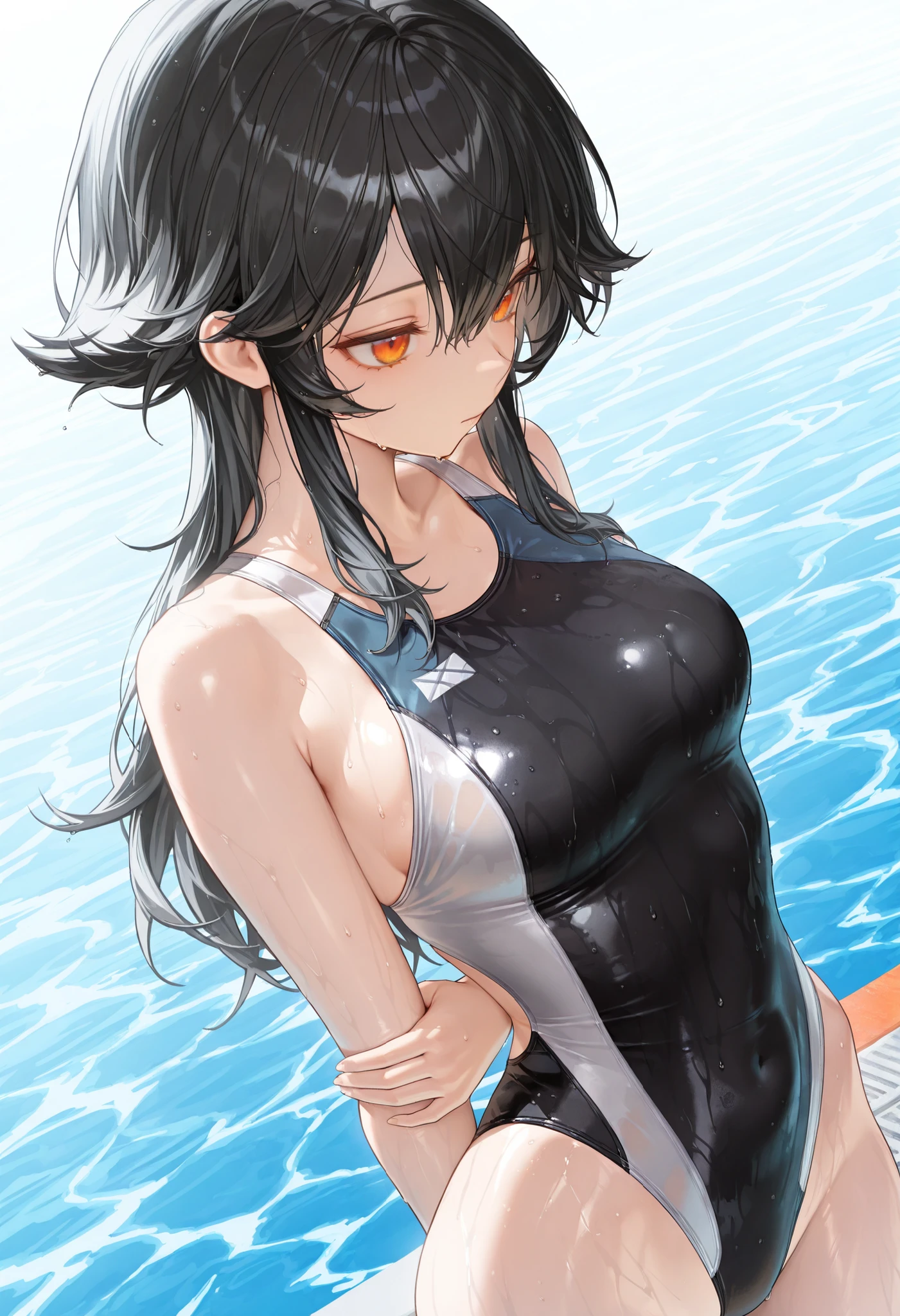 human, ((1girls)), 27 years old, beautiful, Short Hair, black hair, black eyes, black Bikini very medium , L cup breasts, Bodysuits, ((white  skin)), 1m75, deserted, ((Takeda Hiromitsu style)), on the beach, holding a bottle of water,