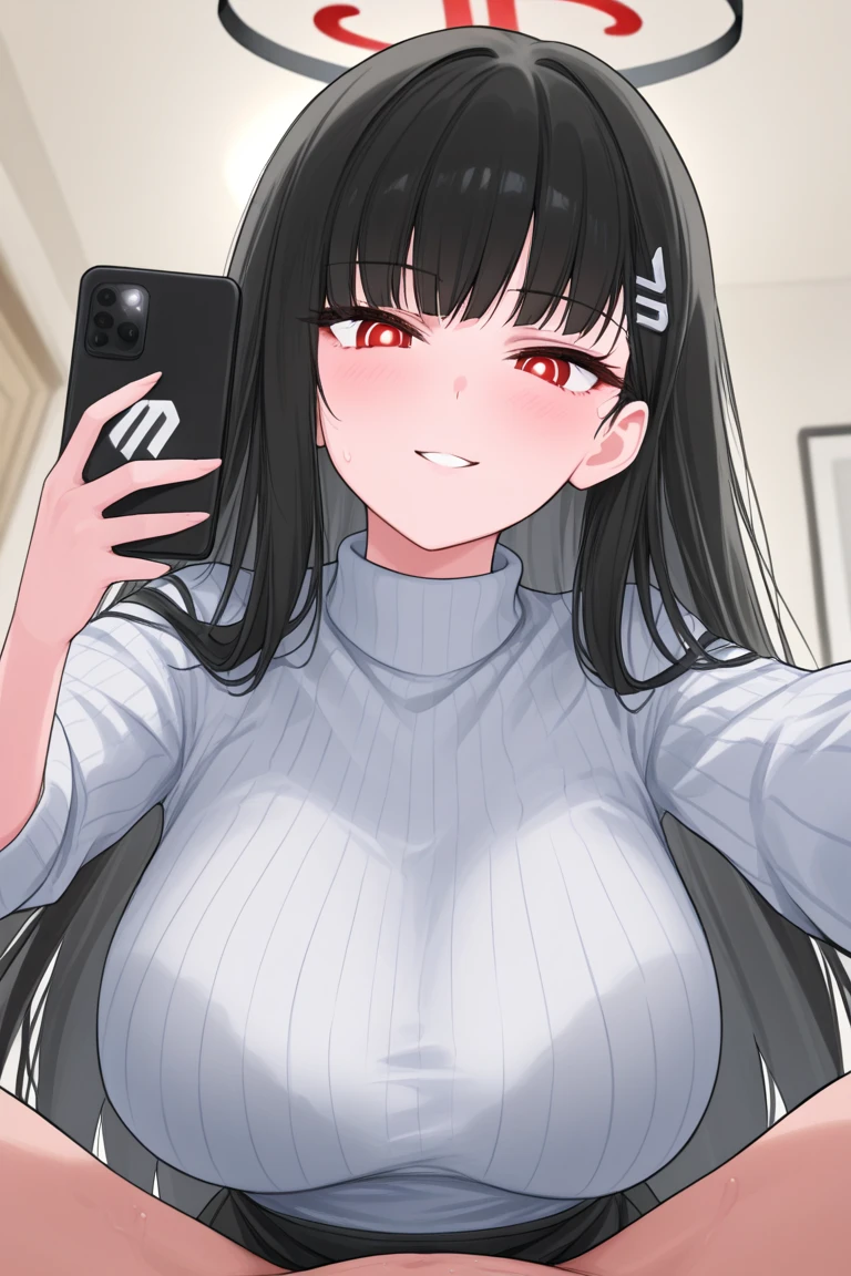 ((highest quality)), ((masterpiece)), (become familiar with), perfect face,black hair,long straight hair,grated bangs,eyes without highlights,Dark red eyes with low saturation,Drooping eyes,grinning,jagged teeth,look down,tall,big breasts,Rubbing your chest with selfie,The sweater that kills virginity,black panties,slender,28 years old,Show the whole body,Reflection to the toes,Bedroom,