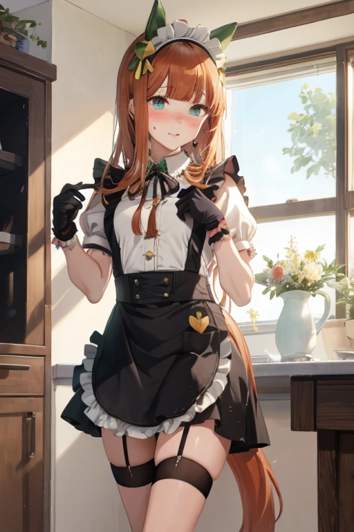 masterpiece, highest quality, Silence Suzuka \(umamusume\), Horse&#39;s ears, Small breasts, Horse tail, apron, Black dress, Black Hair, Blushing,White skin, Garment Lift, dress, dress Lift, Frame to foot, Garter Straps, gloves, Lift yourself up, Short sleeve, Watch Beholder, Maid, Maid Headdress, Neck ribbon, panties, ribbon, Skirt Hold, alone, Drops of sweat, Thighs, underwear, White apron, 白いgloves, 白いpanties, 白い非常にスリムなThighs