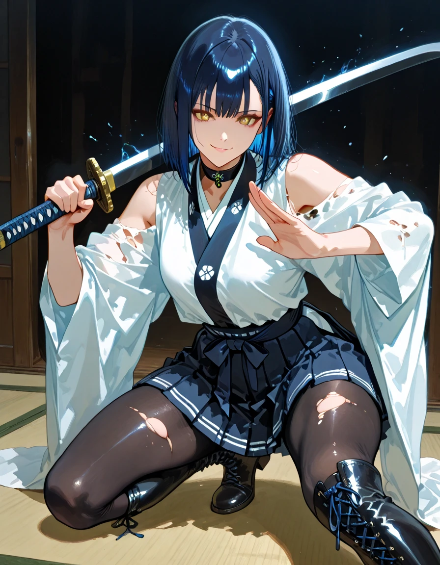 masterpiece, ultra detailed, 8k portrait, RAW photo, portrait photography, highly detailed face, beautiful and meticulous eyes, dark blue hair, long hair, blue eyes, white hair ribbon, (dark blue French maid costume:1.5), white tights, half boots, spread legs, standing, (holding a long sword:1.5), by the old castle, in mid night, from below