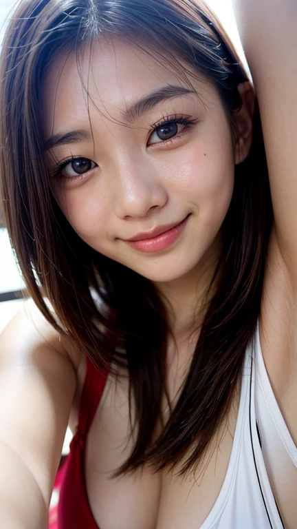 masterpiece High resolution Female student Delicate face Thick eyebrows Deep-set eyelids very cute natural atmosphere boyish 16 years old Shortcuts Dimples Mole Tanuki face Bra Top Open your mouth wide Making fun of them