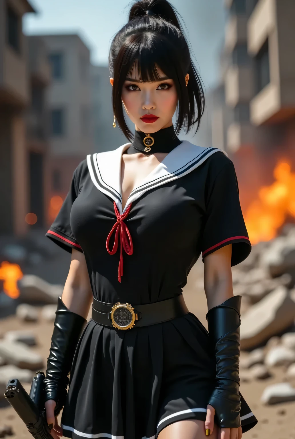 A villainous young lady wearing a sailor uniform and carrying a weapon in battle.
Background is a destroyed city.
Super beautiful Japanese girl, villainess, looks like a intimidating dominatrix, condescending gaze, staring at the viewer, makeup, long false eyelashes, eyeshadows, eyeliners, light red lips, short high ponytail.
Glamorous body, big breasts.
Highest quality, masterpiece, colorful to keep.