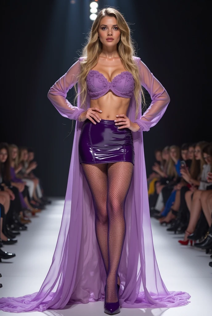 A cute woman (age 25, waist length hair, crazy sexy trendy fashion clothing) striking fun and glamourous poses on the runway, witches of wizard of oz fashion show