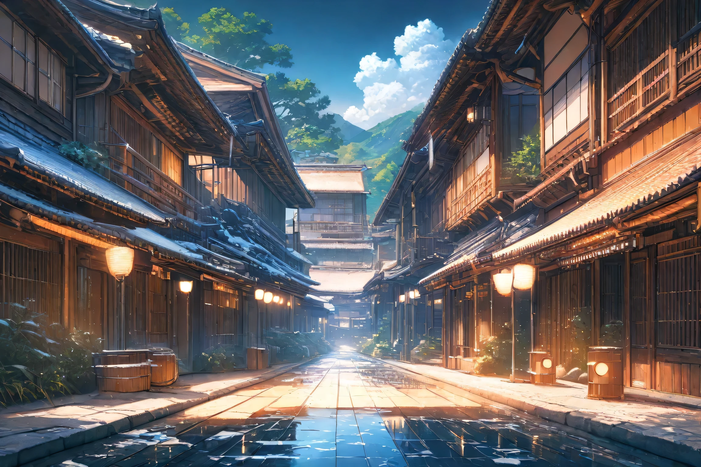 (masterpiece, best quality, ultra-detailed, 8k, extremely sharp details, vibrant colors, rich textures, ray-traced lighting), a quiet backyard training square behind a traditional Japanese town on a summer afternoon, sunlit open space with compacted earth, surrounded by wooden houses and fences, traditional buckets placed on the ground, still and calm atmosphere perfect for practice, no splashes, no water in motion, no characters, no animals, soft anime style, ren's picture book atmosphere, clear depth and light direction, square framing --ar 1:1