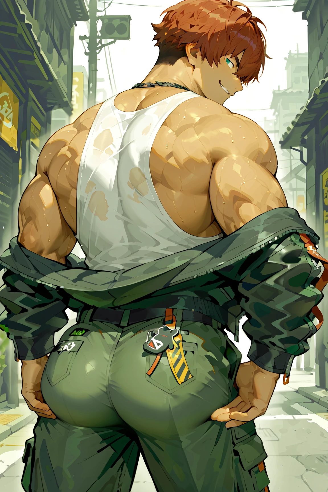 Young man, short blond hair, handsome face, tired expression, green eyes, large muscles, hyper pectoral, thick thigh, large butt. He's wearing a low-cut tank top, black pants, a backwards hat, and a silver chain around his neck, Big bulge. Scenery, party at night.