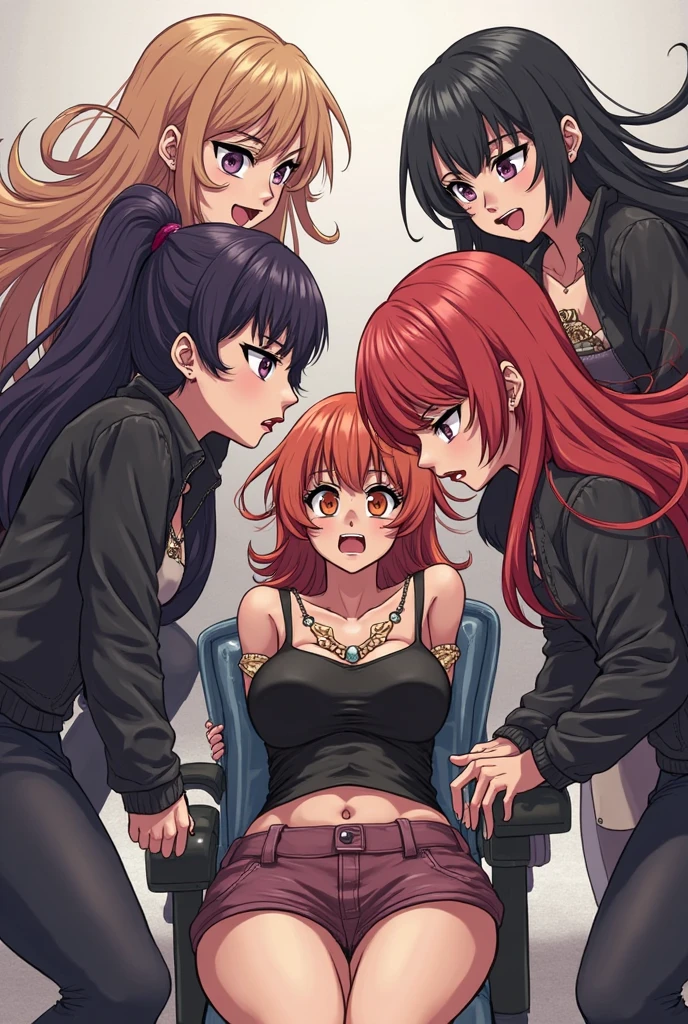 Realistic, Octane Rendering, Highest quality, figure, Soft lighting, High resolution, Sharp details, In-person audience, View your viewers, masterpiece, Absurd , (Intricate details), (colorful),Cinema Lighting,Bust Shot,Highly detailed CG Unity 8k wallpaper, One girl, alone, Elsa・スカーレット, fairy tale, Redhead, Brown eyes, chest, belly button, Long Hair, Hair on one eye, large chest, abdomen, choker, View your viewers, Elsa_Feet, One girl, One girl, Several boys, (multiple men standing behind sofa), Sitting, Indian Style, sofa