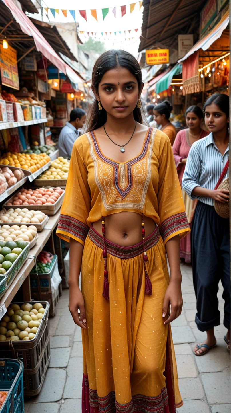 a girl in indian traditional clothing, beautiful detailed eyes, beautiful detailed lips, extremely detailed eyes and face, long eyelashes, tight fitting clothes, buying fruits at a market, a boy running away, highly detailed, photorealistic, 8k, cinematic lighting, vibrant colors, dynamic composition, intricate details, hyper realistic, dramatic lighting, cinematic angle, masterpiece