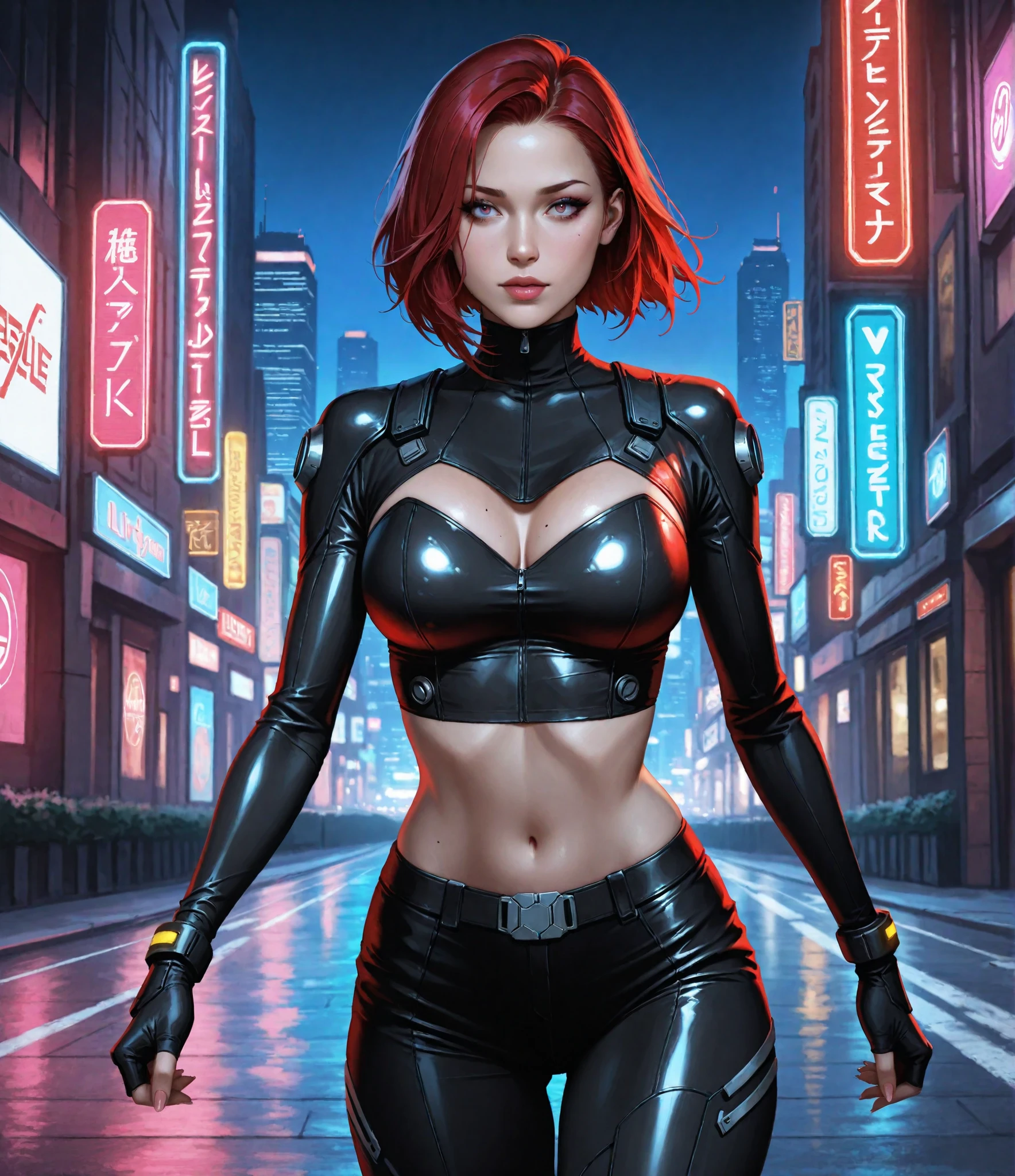 (highres,masterpiece:1.2),ultra-detailed,portrait,retro sci-fi,futuristic outfits,bushy red hair,long black hair,large breasts,sexy,Asian girl,girl with long black hair,red-haired girl,vivid silver costumes,eye-catching,striking colors,shiny metallic textures,detailed facial features,intense gaze,bold red lips,bold makeup,confident expressions,glowing LED accessories,neon lights,sci-fi background,advanced technology,beautiful futuristic cityscape,nighttime setting,moody atmosphere,sharp focus,intense shades of blue and purple,glowing reflections on their metallic costumes,skyscrapers reaching towards the stars,ultra-modern transportation,flying cars,hovering drones,light trails illuminating the sky,a sense of adventure and excitement,exhilarating energy,impressive digital effects,thriving metropolis,seamless integration of nature and technology,breathtaking skyline,artificial intelligence assistants blending seamlessly with humans,an immersive world where imagination knows no limits, green headband