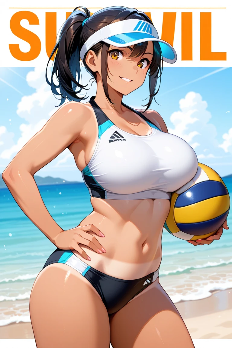 an overweight woman with balloons on and a large sports bra on in a race track, 1girl, breasts, dark skin, covered navel, dark-skinned female, thighs, covered nipples, black hair, solo, long hair, looking at viewer, huge breasts, cameltoe, one-piece swimsuit, open mouth, outdoors,Masterpiece Top Quality One Girl Adorable black beautiful girl. (((gigantic breasts)))