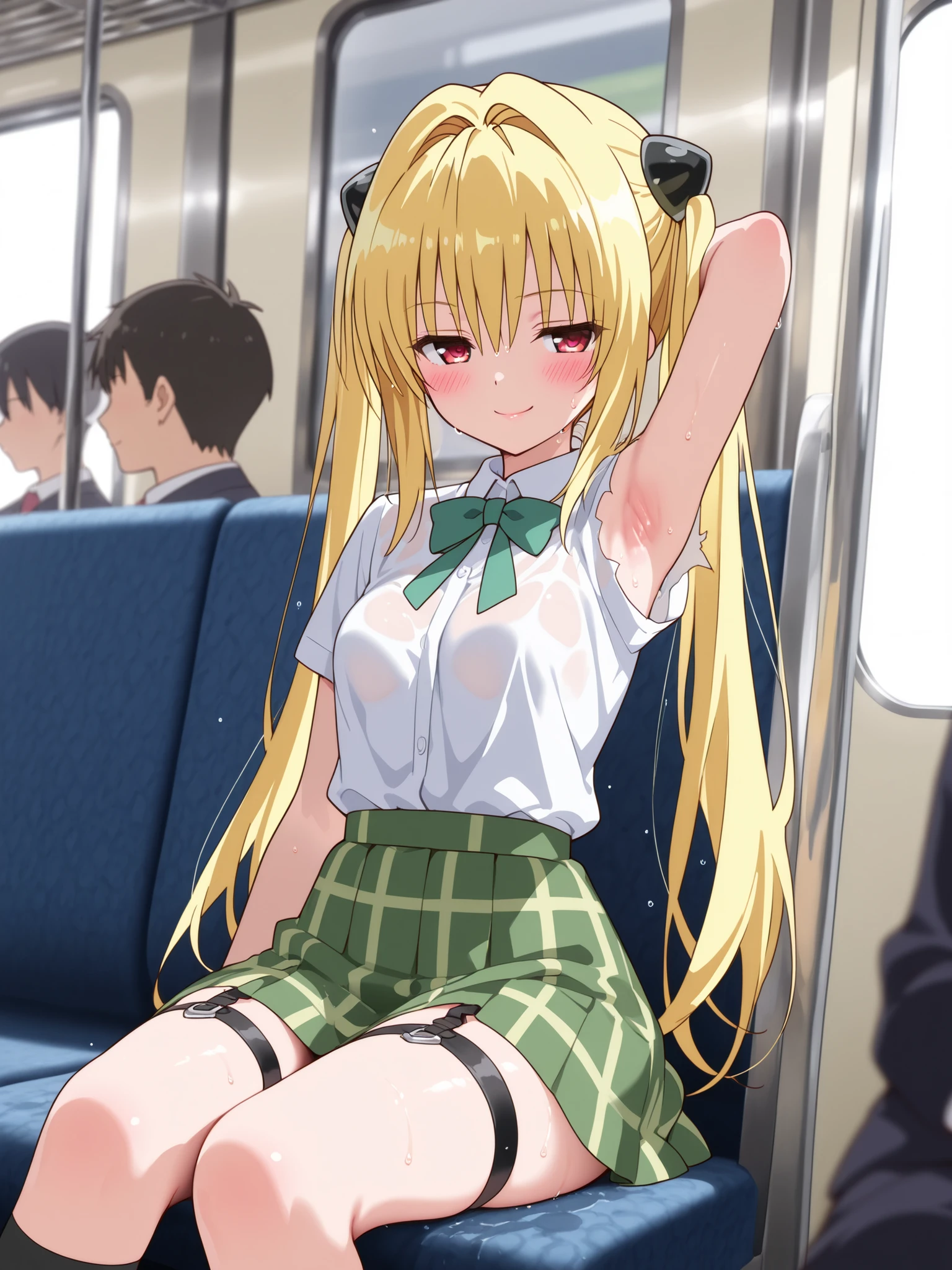 Close-up shots of sexy parts. Glamorous skin, Delicate, Wet skin feel, Busty elements, Sweat drops, Very delicate depiction of hair, Small breasts, Dynamic poses. Breasts, (masterpiece, top quality), very beautiful, Absurd, highly detailed CG unity 8K wallpaper, Spanish illustration, (glamorous look), anime style 4k,, anime moe art style, anime art wallpaper 4K, high quality anime art style,CUTE ANIME GIRL, depth of field, perfect hands, nice, familiar with digital animation art, anime art wallpaper 8k,,, 5_ others, 4_ others, 1_ parents also viewed, Face in love, blush, half closed eyes,
ToLOVEる ダークネス / 金色の闇 (Konjiki no Yami)
Prompt:
Yami lounges on a cushioned seat in an abandoned train car under moonlight streaming through cracked windows, her curvaceous body bathed in silvery glow. Her school uniform is torn, the white blouse open to reveal her generous cleavage, with her massive breasts heaving in a close-up shot that emphasizes their glossy fullness. Her yellow hair, styled in thin twin tails with black hair clips, is adorned with her long back hair spilling over the seat like a golden veil. The green ribbon dangles provocatively from her collar, while her green checkered skirt rides up to expose her thick thighs, the black leg garter belt on her left leg adding a tantalizing contrast. She leans back, one arm raised to reveal her smooth, glistening armpits, captured in a close-up shot that highlights their erotic allure. Her red eyes burn with a mix of cold calculation and hidden arousal, her lips curled into a teasing smirk. The low-angle perspective from the train floor accentuates her slender yet voluptuous silhouette, with rusted seats and moonlit shadows creating a haunting, sensual ambiance.