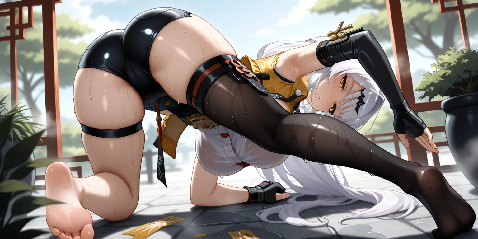 masterpiece, highly detailed, 8k, detailed face, perfect face, DakiEyesV4
<lyco:GoodHands-beta2:0.7>, DakiV4, solo, long hair, hair ornament, thigh highs, white hair, underwear, panties, green eyes, sexy body, tight clothes, <lora:DakiV4:0.7>,
full body, wide range, japanese architecture, indoors, (torn clothes1.2),
1girl, perfect lighting, raytracing, best quality, add detail, hair detailer, detailed eyes, <lora:add_detail:0.2>, <lora:detailed_eyes:0.2>, <lora:hairdetailer:0.4>, <lora:DakiEyesV4:0.7>,
(hogtie:1.4), lying, lying on stomach, large windows, indoors, (on the floor), scared, scowl, glaring, crying, full blush, ass, sweat, heavy breathing, steam from mouth, feet up, (bound, bondage, bound arms, bound legs, bound hands, hands tied to ankles, bent legs:1.2), <lora:hogtie_v1:0.8>