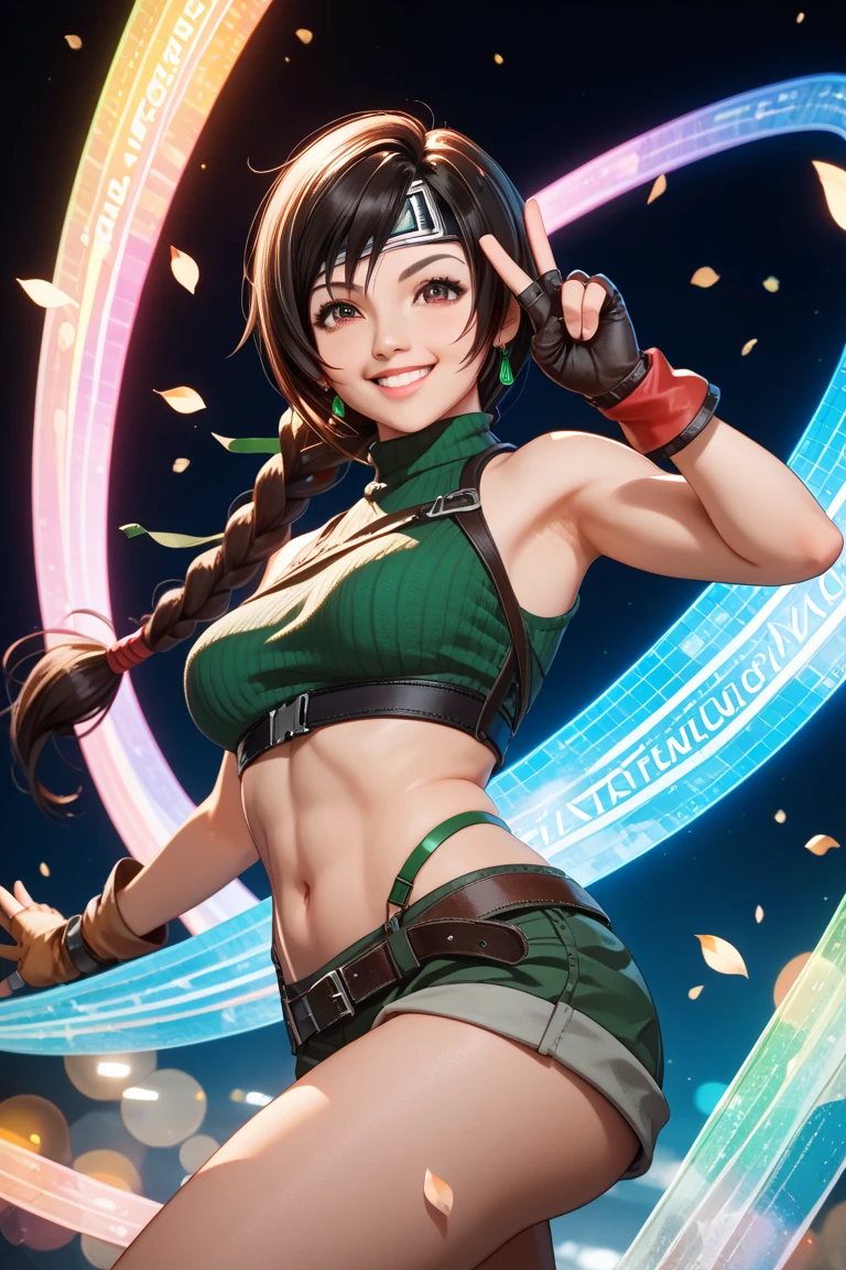 1 girl, short hair, green goblin girl, green skin, small pointy ears, ((rainbow hair)), wearing short skirt and loose shirt, cleavage, wearing rainbow knee-socks, smiling, full body, outdoors in tokyo, performing a tiktok dance in the streets of tokyo, nighttime, dynamic lighting, dynamic pose, cinematic still, action shot, action pose, dancing, dancer, having fun, being recorded by multiple people with cameraphones, center of attention