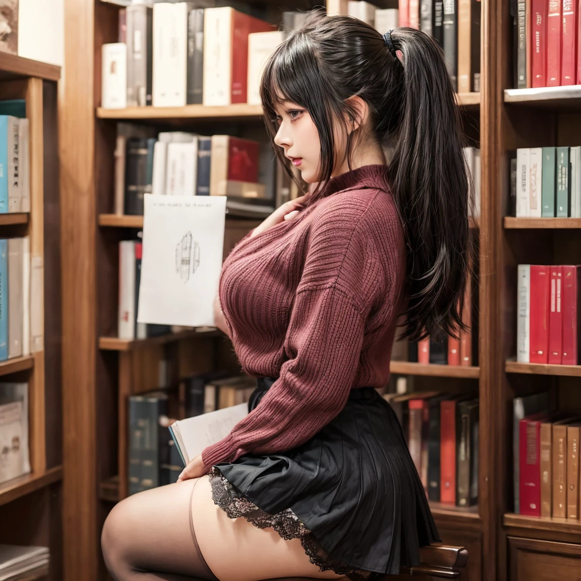 ((Masterpiece)), (Best quality), (perfect face), tarankaaa, (highly detailed face), (highly detailed eyes) 1 girl, (((Kotomi))), blueish purple hair, full body, long hair, pretty eyes, solid pupils, library, (slight smile), (official art, extremely detailed, intricate details), photography, standing next to a bookshelf, very hot girl, big proportions, nice booty, nice strong legs, 30 years old woman, no panties, nude from behind, perfect body (big woman), wearing red lingerie