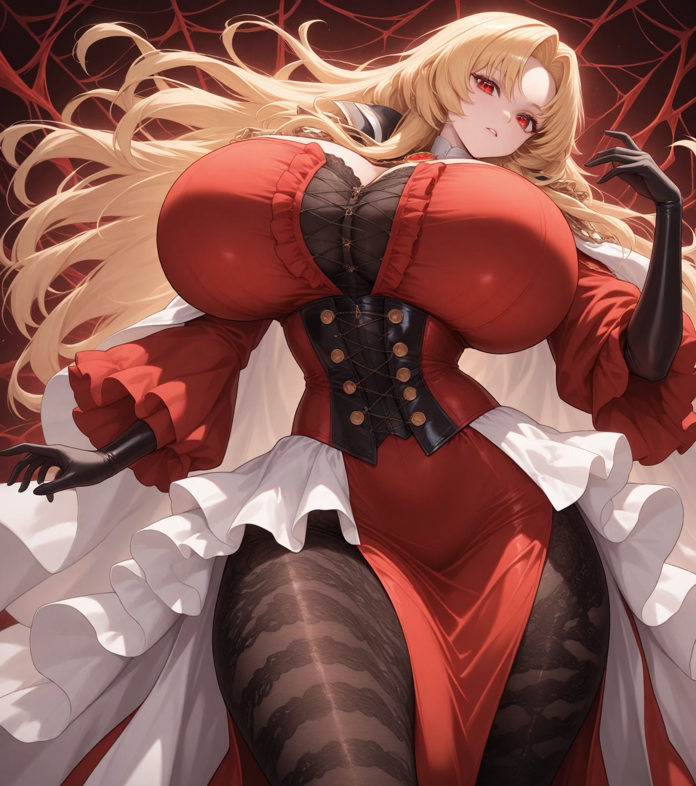 (masterpiece, high quality, detailed), 1girl, vampire girl, big poofy sandy-blonde hair, bright yellow eyes, hair drills, smug grin, (wearing slutty black dress), black fur trim, huge beasts, cleavage, provocative, flowing cape, haunted castle interior, scattered rose petals, spooky, horror