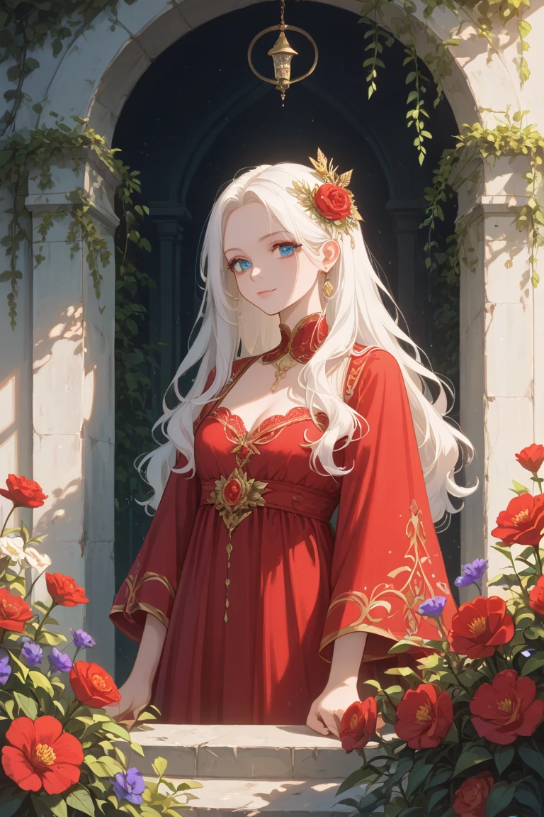 fantasy, Princess Targaryen, full-length, in the garden, a girl with white hair, in a red and black dress embroidered with gold threads of rubies and diamonds, with open shoulders, a face similar to Mia Goth, hd