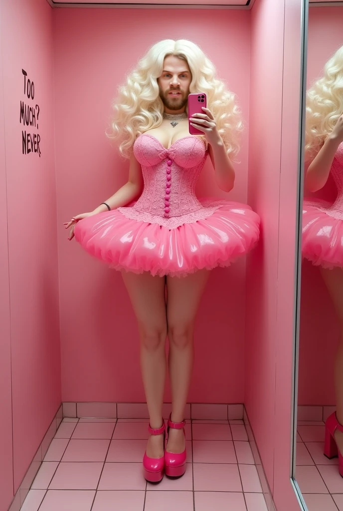 Pink hair Barbie woman in pink minidress, high heels, standing in luxurious room, belle delphine, angelawhite, young beautiful amouranth, better known as amouranth, smooth pink skin, glamourous cosplay, blonde goddess, lacey, anna nikonova aka newmilky, alexa grace, elegant glamourous cosplay, pink girl, big boobs