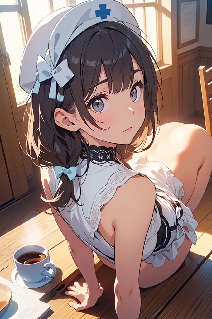 (cowboy shot), (ultra high resolution, depth of field:1.2), 1 girl cat fran, medium breast, (Tan skin:1.4), blue eyes, (Short black hair), Ponytail, bang, Cat&#39;s ears, cat tail, (light pink maid uniform), (light blue bow:1.2), tights, split, bedroom landscapes, Leaning forward slightly, hands behind your back, (blushing), nervous