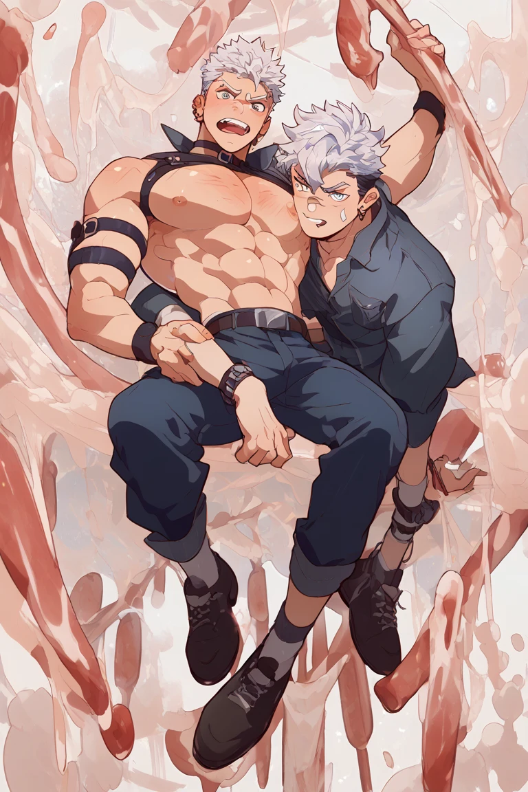2boys, full body, male focus, muscular male, best quality, amazing quality, best aesthetic, absurdres, in a dark basement, gay couple, official style, year 2023, game cg, looking at viewer, happy, looking at viewer, together on picture, yaoi, gay couple, emphasizing the extraordinary size of pregnant belly, (bakugou katsuki), Eijiro Kirishima red riot, boku no hero academia, chained up on the wall, hands chained up on the wall, nipples, wearing black underwear, grin.