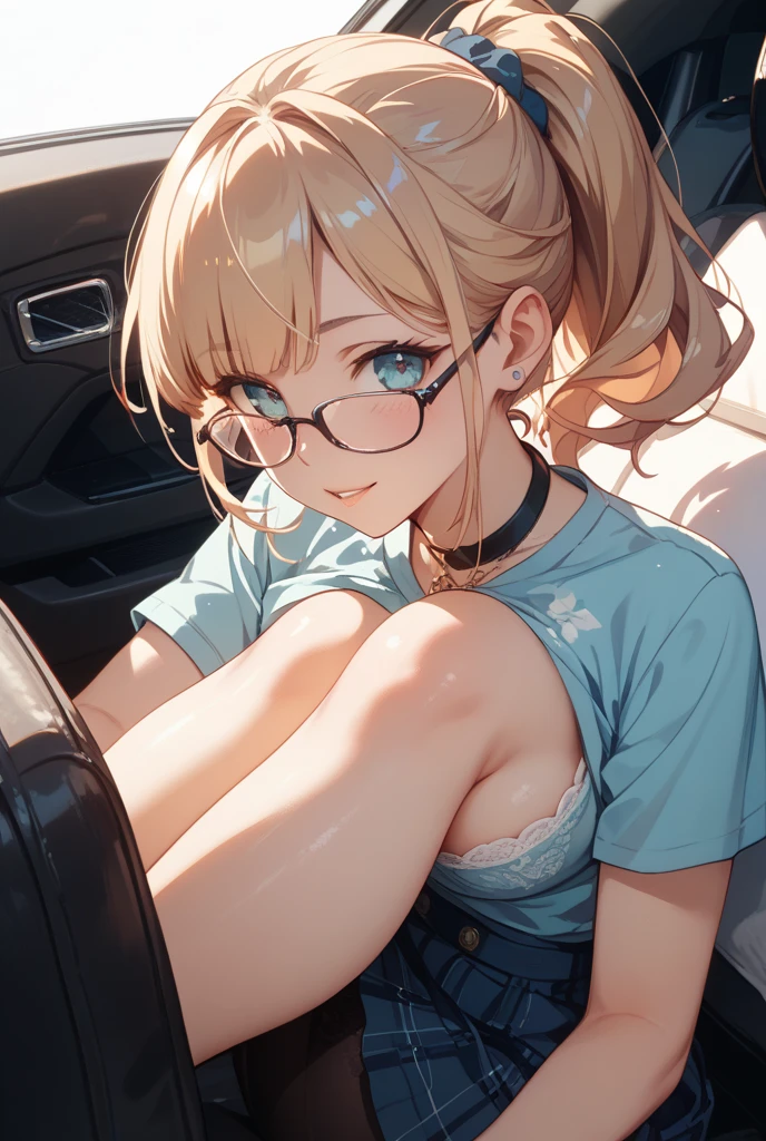 masterpiece，（masterpiece，top-quality，best qualityer），1 nude girll， jewely，Nipple Ring，choker necklace，bangle， hoop earings， circle glasses，sun glasses， Long hair ， Blonde hair，Black color hair，Silvery-white hair，Maroon hair， solo， ssmile， looking at viewert， motorvehicle，The Car， Sports cars，groundvehicle， Sat down， exterioredium breasts， grinning smile，collars，holy rays，gold foil，Gold leaf art，glitter drawing，Correct anatomy，nude,  Detailed face, Detailed eyes