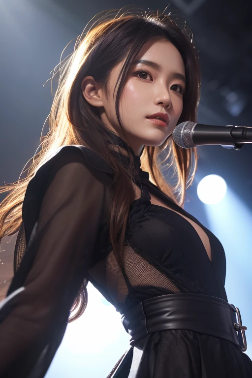 (masterpiece), best quality, perfect face, expressive eyes, 1girl, singing on the stage, mic, mic stand, <lora:Wonderframe-02:1>