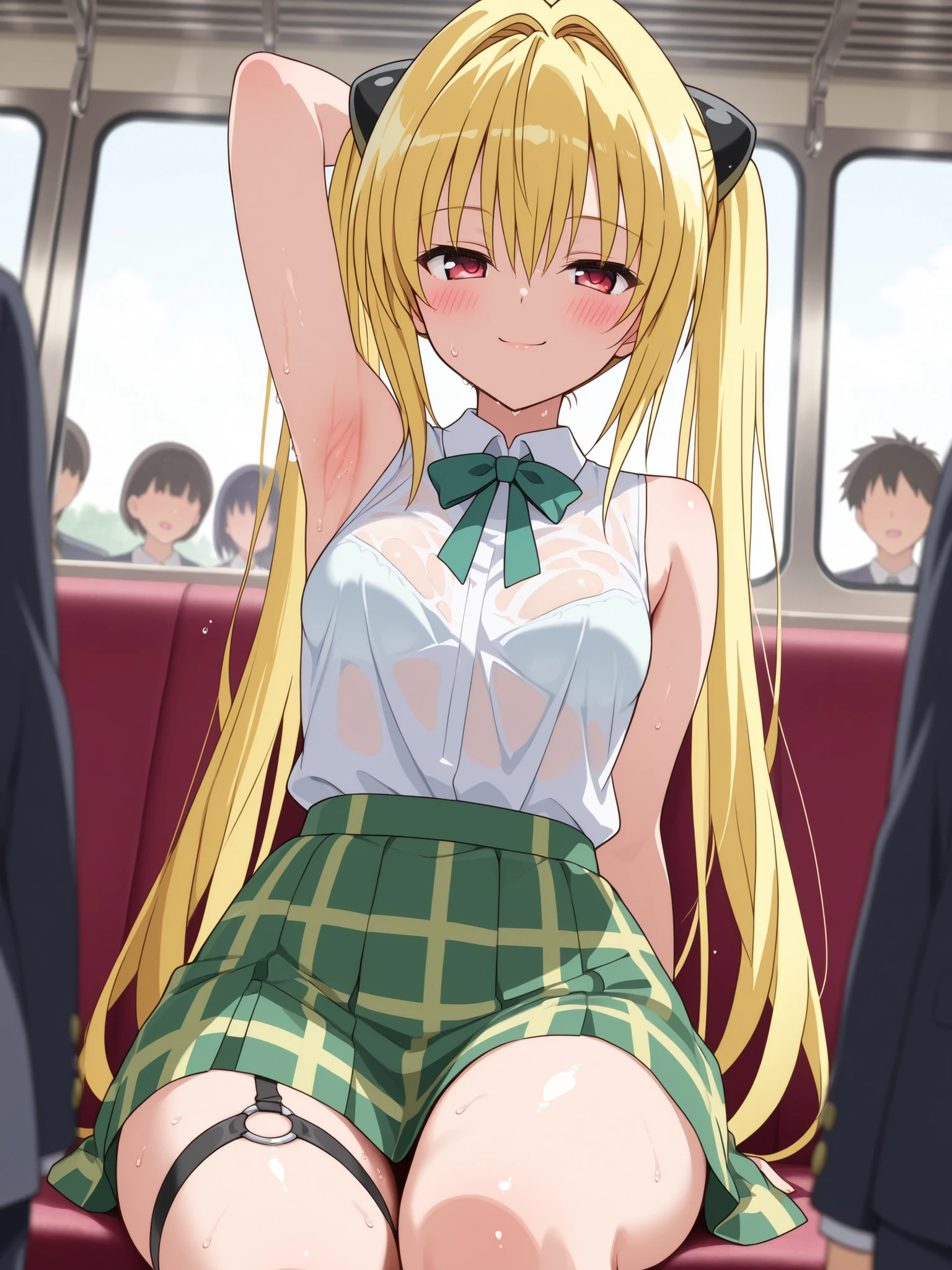 Close-up shots of sexy parts. Glamorous skin, Delicate, Wet skin feel, Busty elements, Sweat drops, Very delicate depiction of hair, Small breasts(1 . 2), Dynamic poses. Breasts, (masterpiece, top quality), very beautiful, Absurd, highly detailed CG unity 8K wallpaper, Spanish illustration, (glamorous look), anime style 4k,, anime moe art style, anime art wallpaper 4K, high quality anime art style,CUTE ANIME GIRL, depth of field, perfect hands, nice, familiar with digital animation art, anime art wallpaper 8k,,, 5_ others, 4_ others, 1_ parents also viewed, Face in love, blush, half closed eyes,
ToLOVEる ダークネス / 金色の闇 (Konjiki no Yami)
Prompt:
Yami lounges on a cushioned seat in an abandoned train car under moonlight streaming through cracked windows, her curvaceous body bathed in silvery glow. Her school uniform is torn, the white blouse open to reveal her generous cleavage, with her massive breasts heaving in a close-up shot that emphasizes their glossy fullness. Her yellow hair, styled in thin twin tails with black hair clips, is adorned with her long back hair spilling over the seat like a golden veil. The green ribbon dangles provocatively from her collar, while her green checkered skirt rides up to expose her thick thighs, the black leg garter belt on her left leg adding a tantalizing contrast. She leans back, one arm raised to reveal her smooth, glistening armpits, captured in a close-up shot that highlights their erotic allure. Her red eyes burn with a mix of cold calculation and hidden arousal, her lips curled into a teasing smirk. The low-angle perspective from the train floor accentuates her slender yet voluptuous silhouette, with rusted seats and moonlit shadows creating a haunting, sensual ambiance.