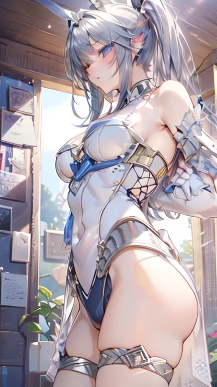 masterpiece、High resolution、Silver Hair、ponytail、Drill Hair、Very detailed、White Background、turn around、Butt、turn around、Cowboy Shot、Buttクローズアップ