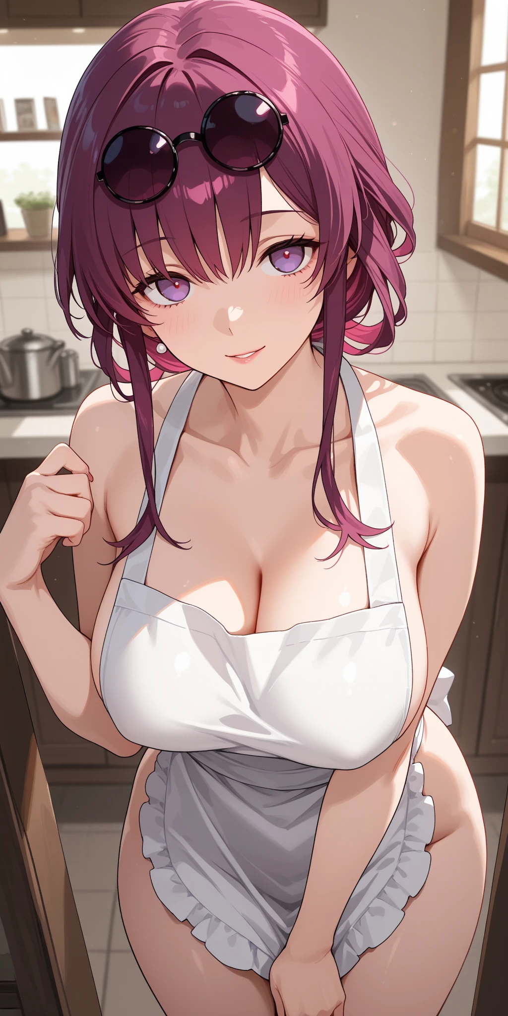 masterpiece, best quality, absurdres, perfect anatomy, 1girl, solo, KafkaHSR, purple eyes, bangs, long hair, (naked apron), cowboy shot, contrapposto, seductive smile, indoors