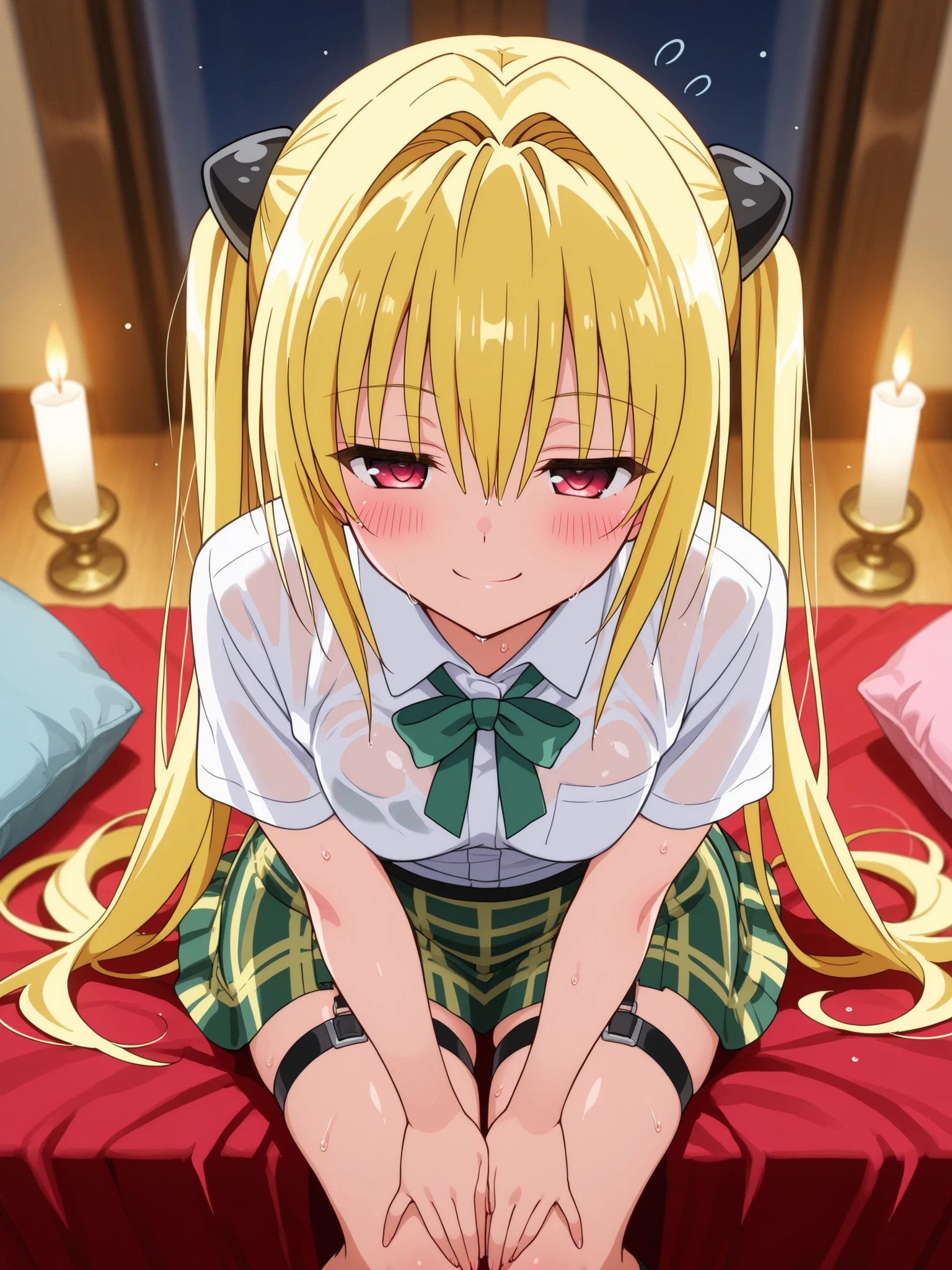 Close-up shots of sexy parts. Glamorous skin, Delicate, Wet skin feel, Busty elements, Sweat drops, Very delicate depiction of hair, Small breasts, Dynamic poses. Breasts, (masterpiece, top quality), very beautiful, Absurd, highly detailed CG unity 8K wallpaper, Spanish illustration, (glamorous look), anime style 4k,, anime moe art style, anime art wallpaper 4K, high quality anime art style,CUTE ANIME GIRL, depth of field, perfect hands, nice, familiar with digital animation art, anime art wallpaper 8k,,, 5_ others, 4_ others, 1_ parents also viewed, Face in love, blush, half closed eyes,
ToLOVEる ダークネス / 金色の闇 (Konjiki no Yami)
Prompt:
Yami kneels on a pile of silk cushions in a dusty attic, her slender yet curvaceous physique illuminated by flickering candlelight. Her school uniform is artfully ripped, the white blouse open to reveal her enormous breasts, their glossy weight captured in a close-up shot that accentuates their provocative sway. Her yellow hair, styled in thin twin tails with black hair clips, is slightly tousled, her long back hair pooling around her like liquid gold. The green ribbon hangs loosely at her throat, and her green checkered skirt is bunched around her hips, revealing her toned thighs and the black leg garter belt on her left leg. Her pose is provocative—she leans forward on her hands, her sexy soles of feet arched and glistening with a faint sheen, highlighted in a tight close-up. Her red eyes gleam with a blend of icy resolve and smoldering desire, her expression a faint, teasing smirk. The high-angle shot from above captures her enigmatic yet erotic presence, with old trunks and cobwebs adding a mysterious, intimate atmosphere.