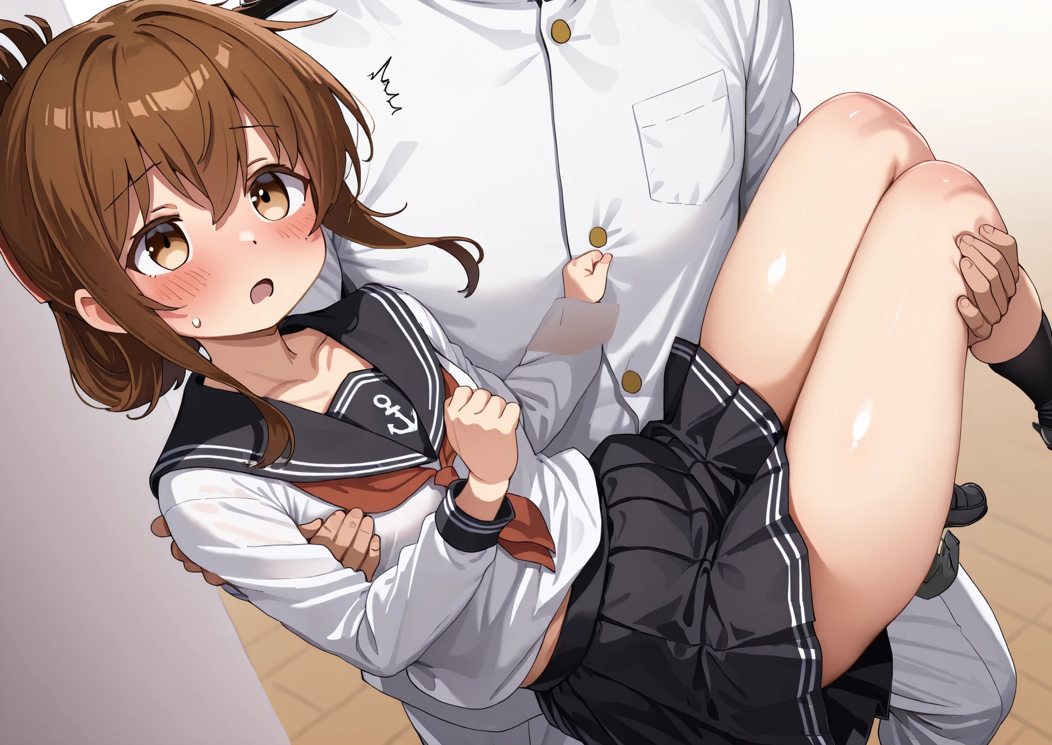 (nsfw:1.5),((table top, highest quality, High resolution, nffsw, perfect pixel, 4k, nffsw, nffsw))), 1 girl, single, alone, beautiful woman、I could see the whole body、 ((middle wave hair, bangs, brown hair)), ((brown eyes, beautiful eyelashes, realistic eyes)), ((detailed face, blush:1.2)), ((smooth texture:0.75, realistic texture:0.65, realistic:1.1, Anime CG style)), medium breasts, dynamic angle, perfect body, ((red bow tie, , black jacket, open jacket, brown cardigan, white shirt, black skirt, plaid skirt)), city stairs、Looking up from the bottom of the stairs、Very embarrassing panic face, looked back、lean forward、(The wind flipped my skirt and exposed my butt.........................、touch your butt with both hands、Random color floral lace panties)、(sexual fluid overflowing:1.2)、Ahe face with open mouth、The strong man behind、vagina、SEX in、fuck from the side、raising one leg:1.2