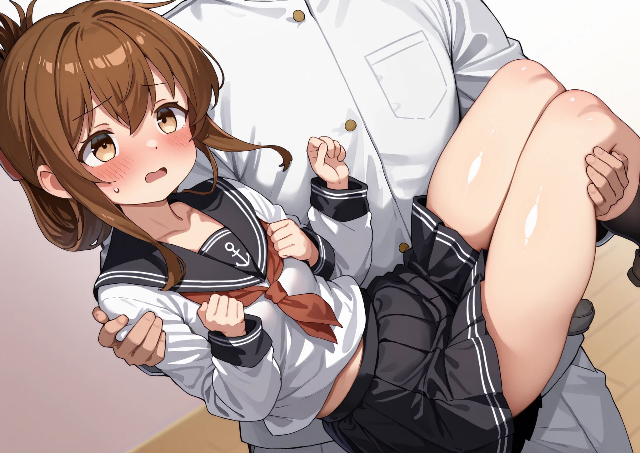 1girl, inazuma \(kancolle\), brown hair, folded ponytail, long hair, brown eyes
anchor symbol, black sailor collar, long sleeves, neckerchief, school uniform, serafuku, pleated skirt, black skirt, black socks, loafers,thick thighs,princess carry, hetero, carrying,