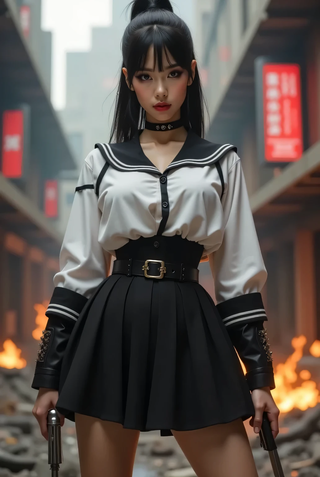 A villainous young lady wearing a sailor uniform and carrying a weapon in battle.
Background is a destroyed city.
Super beautiful Japanese girl, villainess, looks like a intimidating dominatrix, condescending gaze, staring at the viewer, makeup, long false eyelashes, eyeshadows, eyeliners, light red lips, short high ponytail.
Glamorous body, big breasts.
Highest quality, masterpiece, colorful to keep.