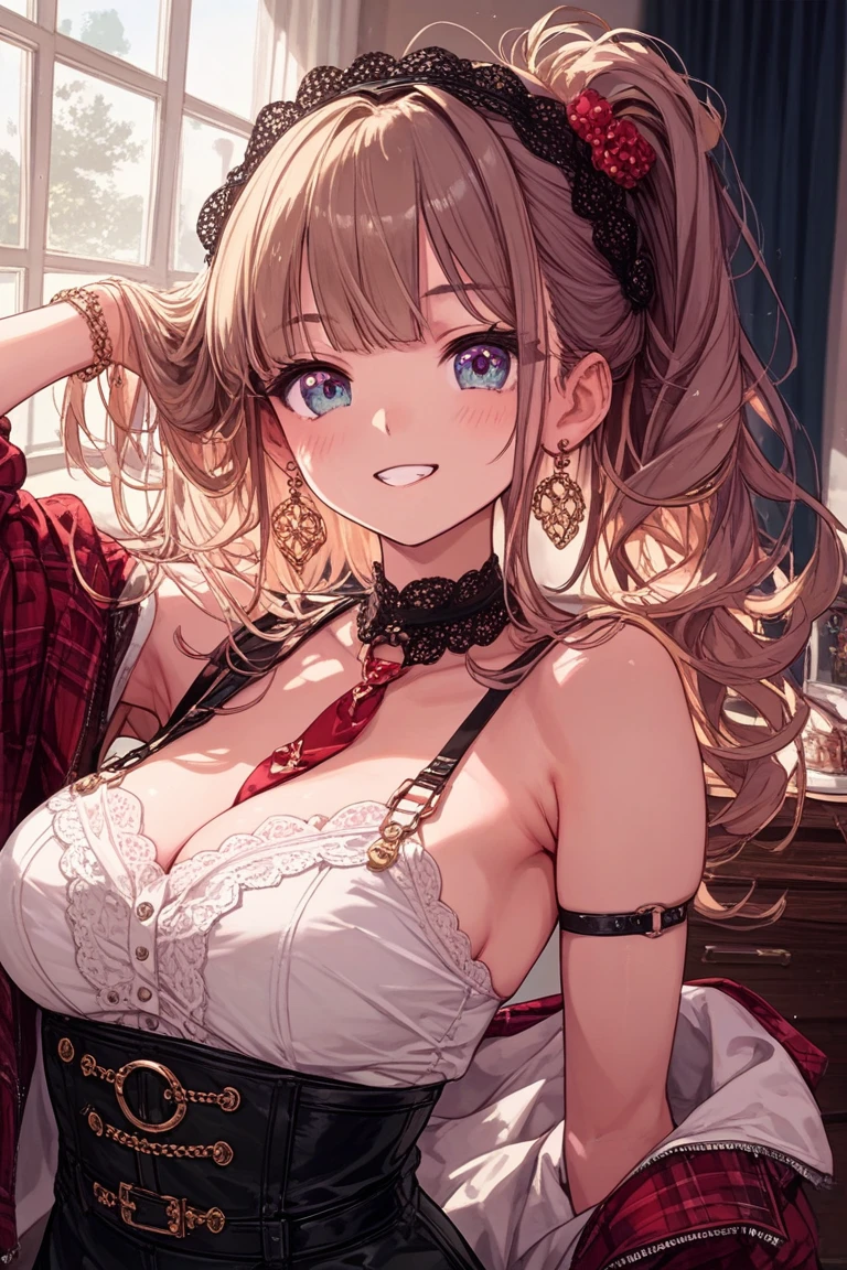 masutepiece, Best Quality, the Extremely Detailed CG Unity 8K Wallpapers, Sexy witch costume , Long dark blonde wavy hair、off-shoulder knit, (darkblue pleated skirt), Medium milk, see- through nipple, Shy laughter, bare shoulder pose)、(turned around)、sexy hips、(Sexy Red Lace Bra、Red and black lace panties)、Luxurious magic wand and book、Church of the castle、sexy pose、Sit on the floor and lean forward to emphasize your chest.