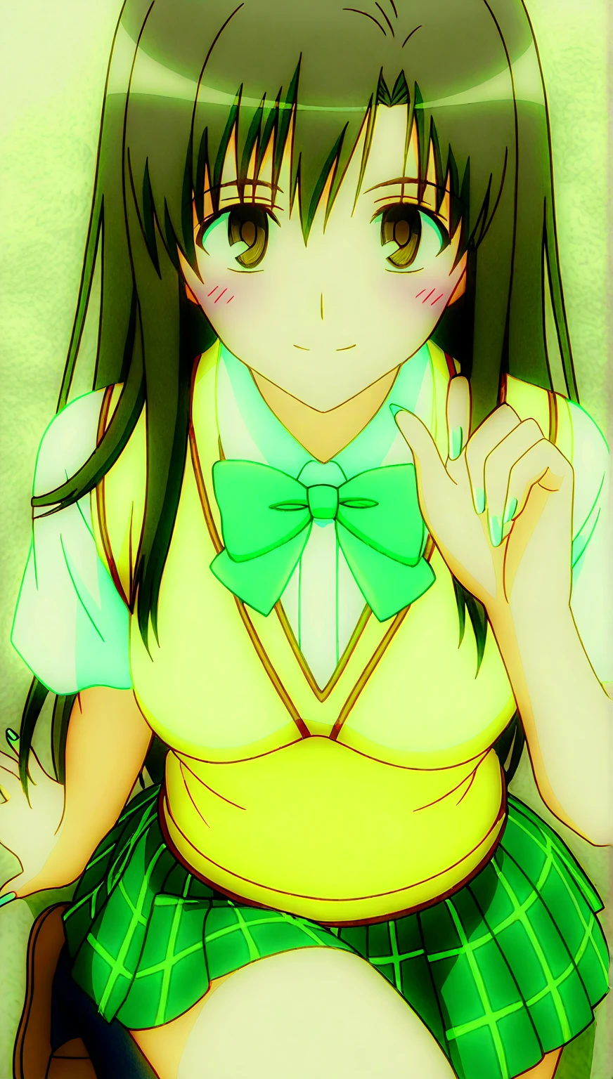 (Yui Kotegawa, to love-ru)skirt, plaid, plaid skirt, sainan high school uniform, school uniform, skirt, sweater vest, (yellow sweater:1.3), short sleeves,