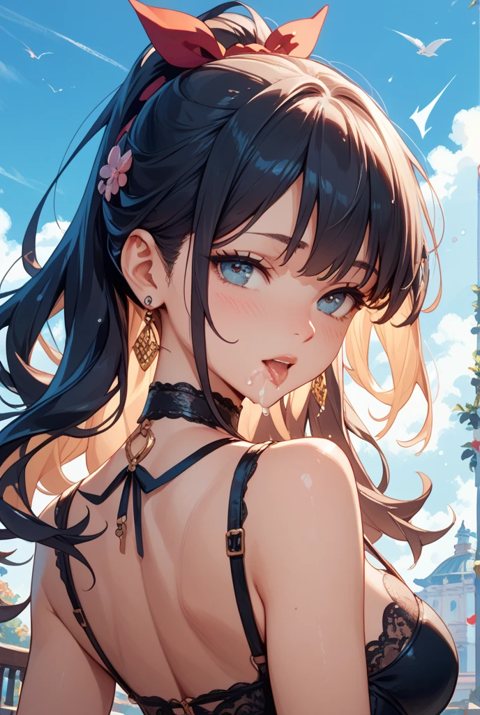 masterpiece, highest quality, pixiv, cooles Girl, topless, Lips in love, blond hair, curly blond hair, blunt bangs, straight bangs, pony tail, blue eyes, tanned skin, Girl, improve,Look at the Beholder, smile, sexly, seductive, slutty, ass,from above, alone, hair flower,