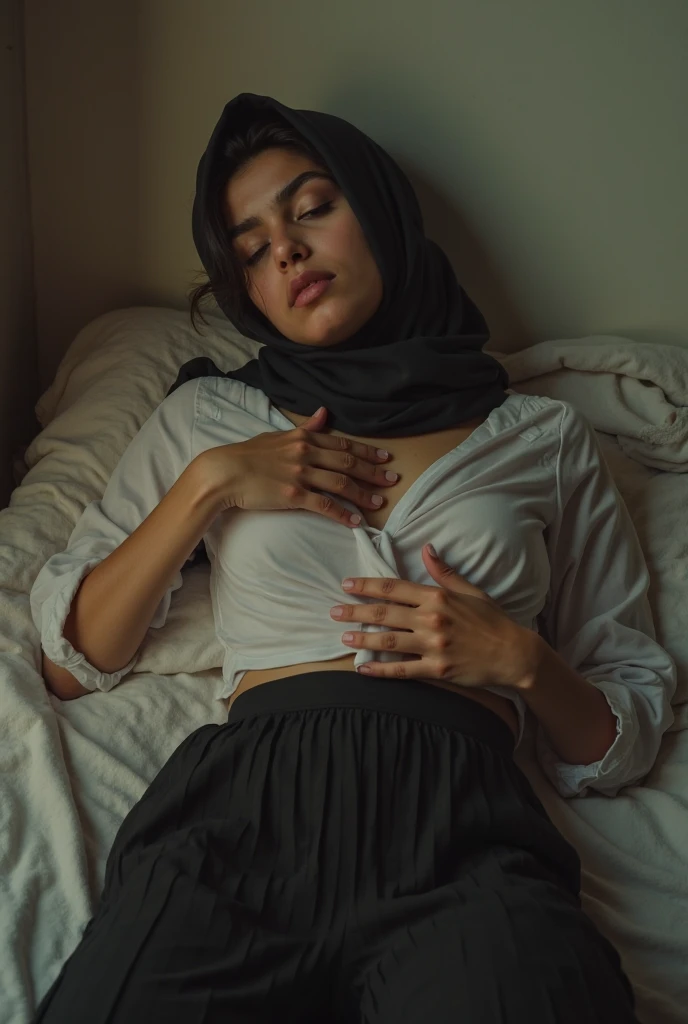 a muslim woman wearing a niqab is lying on the sofa, naked, showing breasts with plump