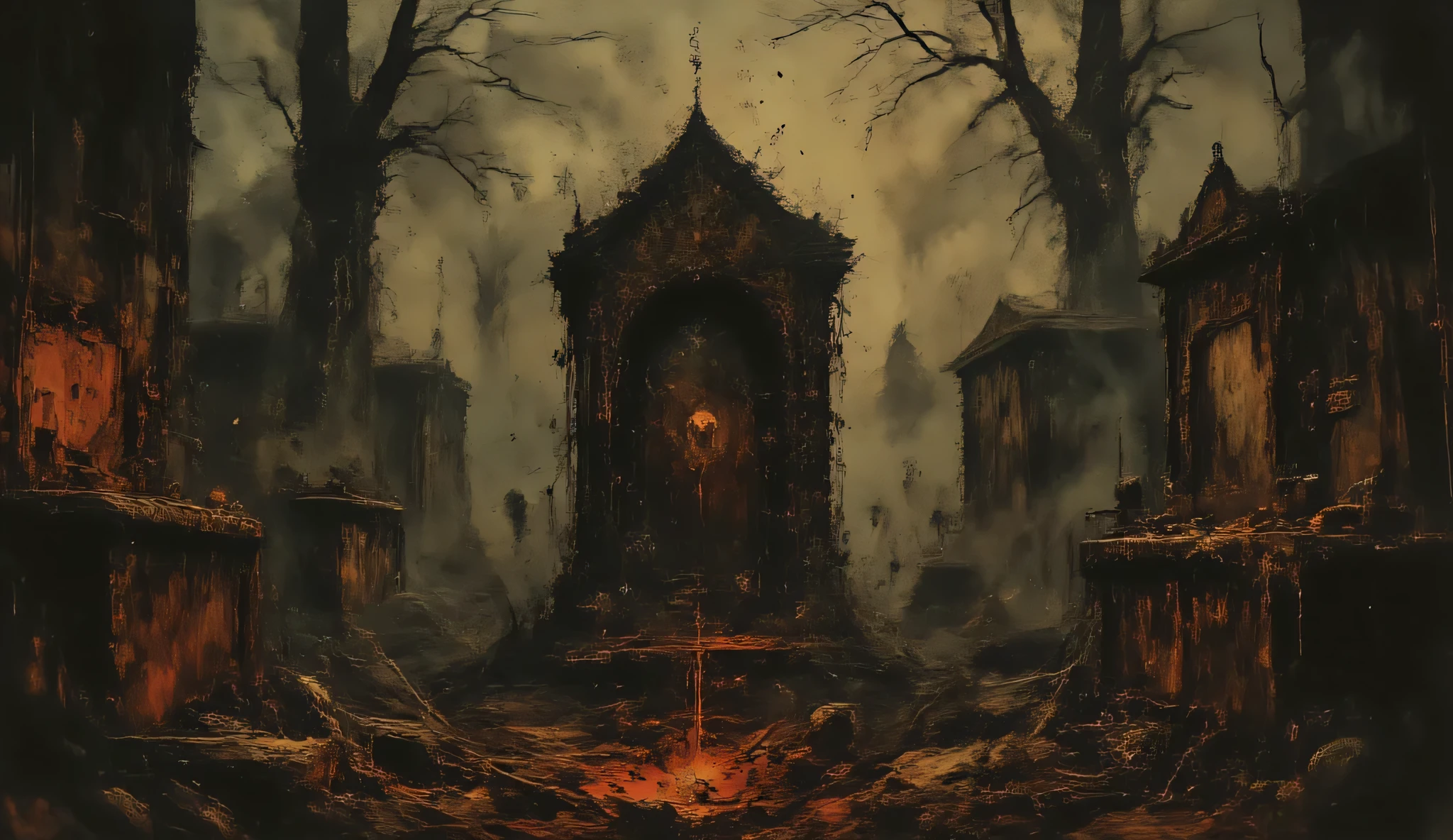 Abandoned graveyard, Gothic cemetery, dilapidated, nighttime, darkness, eerie shadows, twisted trees, foggy, surreal horror, haunting art, high detail, masterpiece.