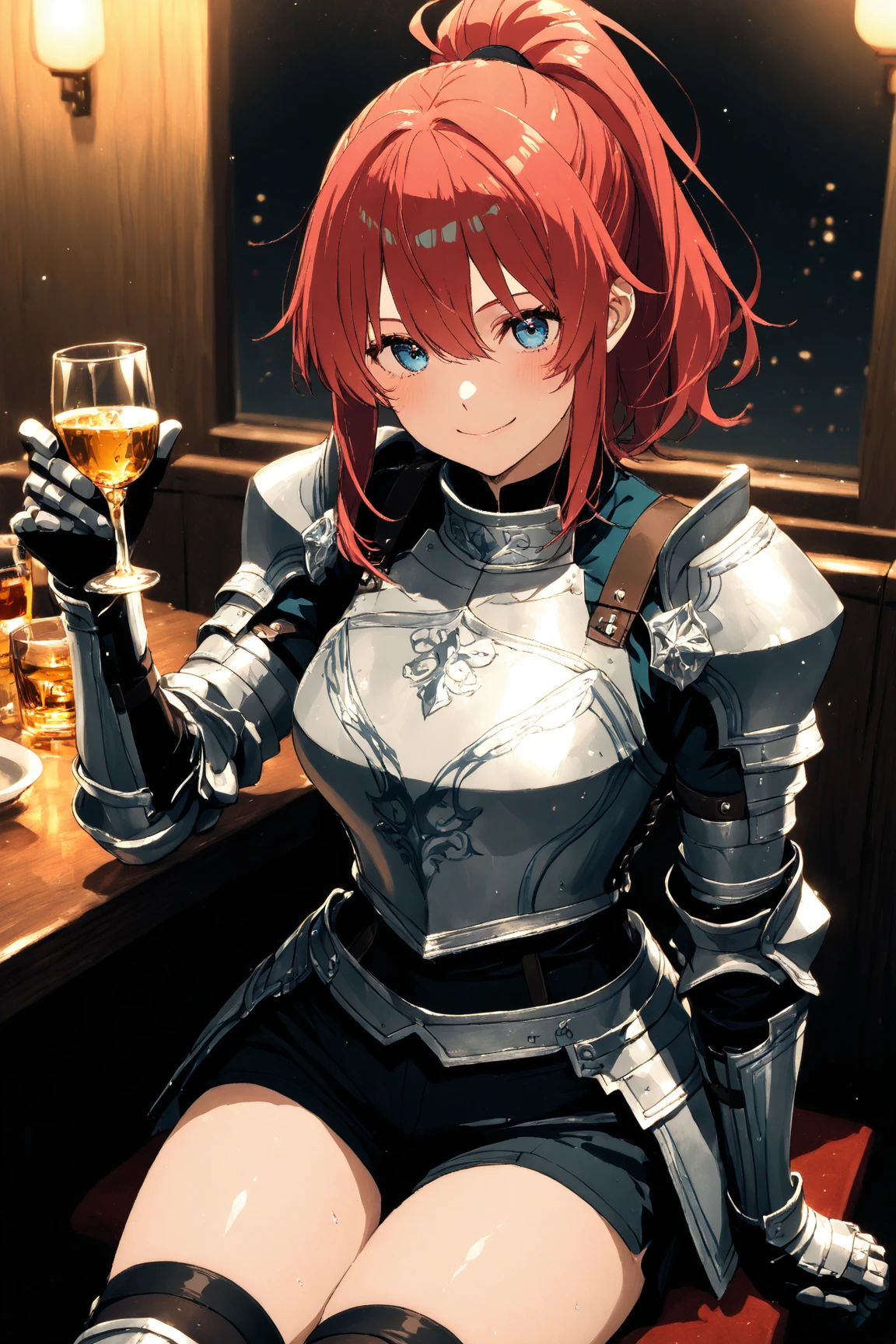 1girl, wifo, mature woman, muscular, solo, mordred \(fate\), ponytail, green eyes, braid, smug, full body, full knight armor, silver armor, mordred armor, fate apocrypha, red edges, tavern, table, sitting in chair, crossed legs, no errors, well detailed, extremely well done, scene at night, table with candles, lighting by candles, medieval bar, holding a glass of wine, looking at the viewer, large breasts