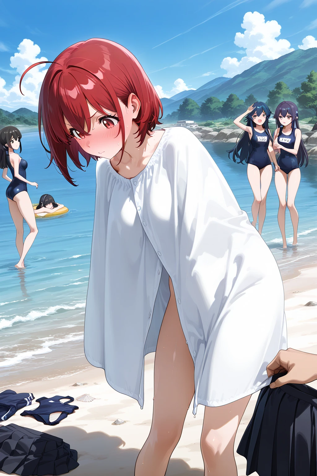 Black Hair、Short Hair、boyish、Cool、Small breasts、Being violated by multiple men、Cowgirl、Cross-section of the vagina、naked、Licking a dick、Semen splashed on the face、Beach、peace sign、My body is twitching、high school student
