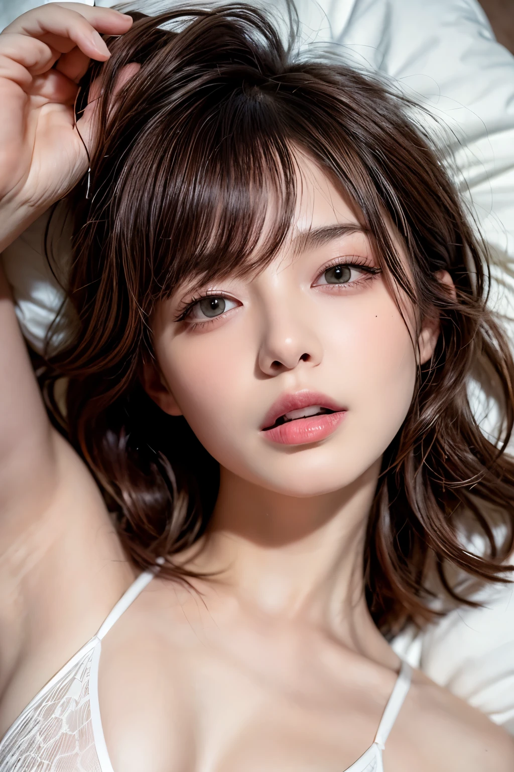in a lavish bedrrom, a young-adult lady, lying down on the bed, gestures and poses as if holding something in her mouth while lying, with mouth wide open, shown her tongue, begging, troubled face, watery droopy eyes, wearing see-through tiny lingerie, shot from directly above, wavy short length hair, pale yellow and pale red hair, pompadour hairstyle, twisted bangs, hair is shaggy and dishevelled, slendar figure, skinny, small breasts, flat chest, beautiful sunburned skin, undressing, much exposed skin, no makeup, adult sexiness, alluring, {realistic}, {photogenic}, {cinematic lighting}, {vibrant colors}, {hyperdetailed}