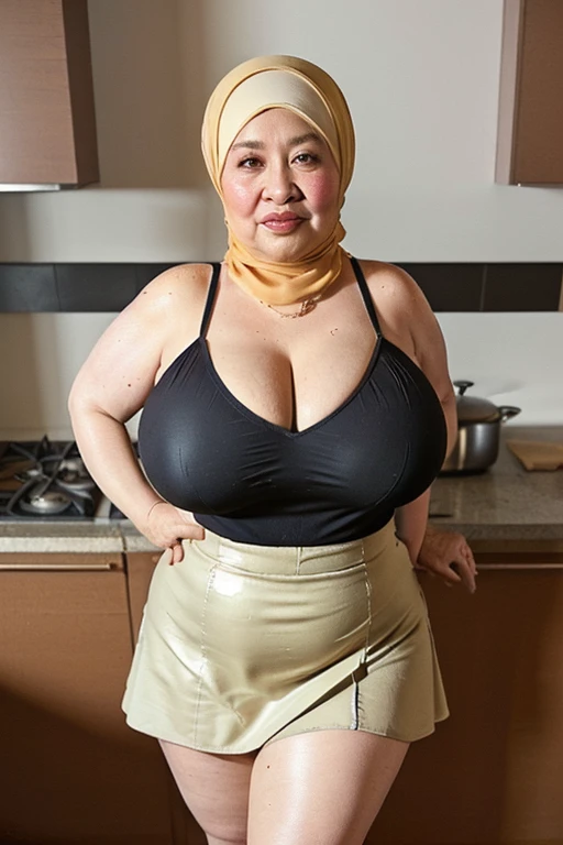 (4k, highres, realistic) 39 years old women, MalaysianIndonesian, Melayu, with hijab, soft chubby body, rounder face, lust smile, ((wearing lace bra)), (((her breast half bust out from her bra))), full body,