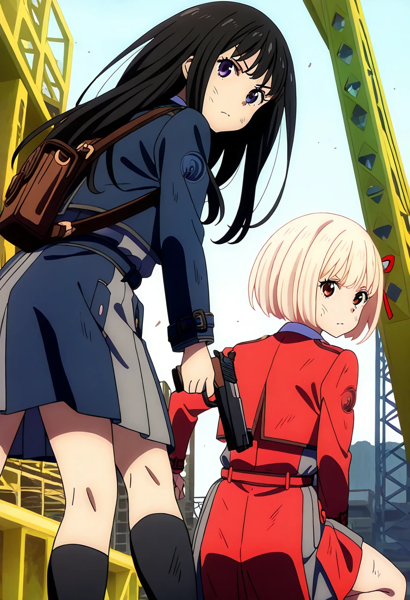 NSFW,(masterpiece), (best quality),
2girls, gun, school uniforms,lycoris,1girl Chisato,1girl takina ,Yuri,white panties,clothed,