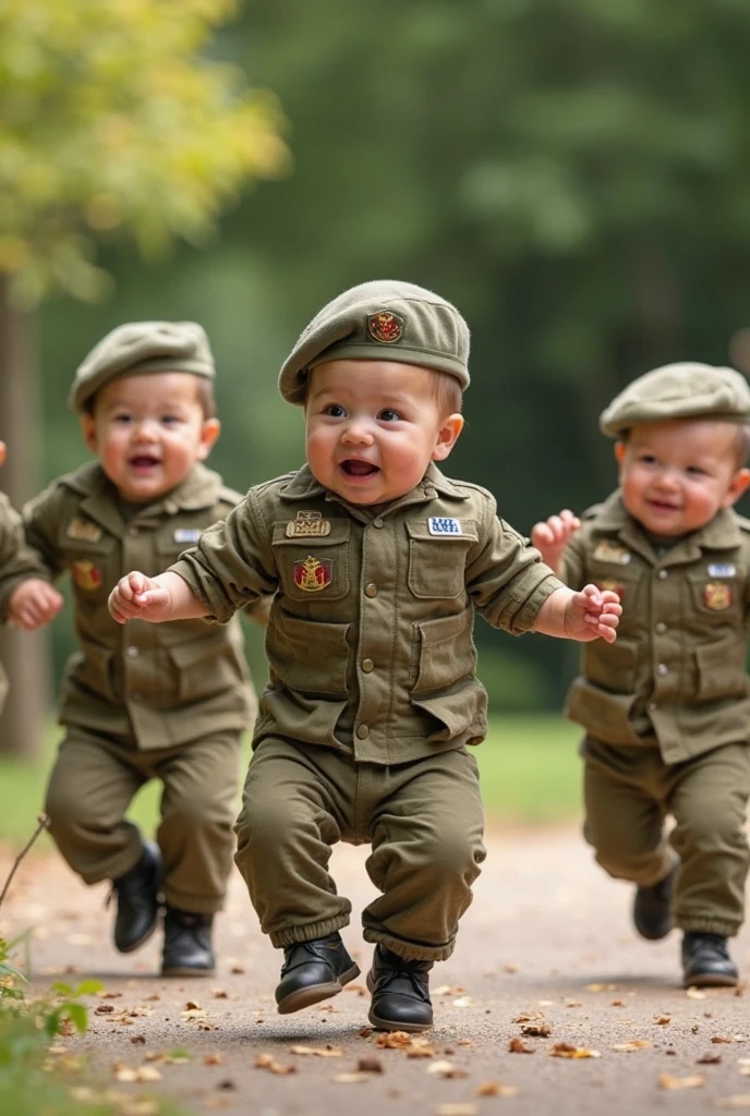 Cute newborn baby with serious face like army soldier with many serious newborns wearing army clothes gathering on the ground folding parachutes with weapons and guns in real life real