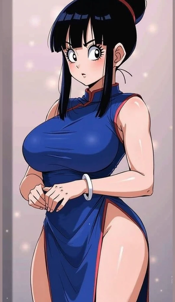 <lyco:chichi_dbzV3:0.7> chichi_dbz, standing, solo, large_breasts, china_dress,, masterpiece, best quality, detailed face, detailed eyes, highres,