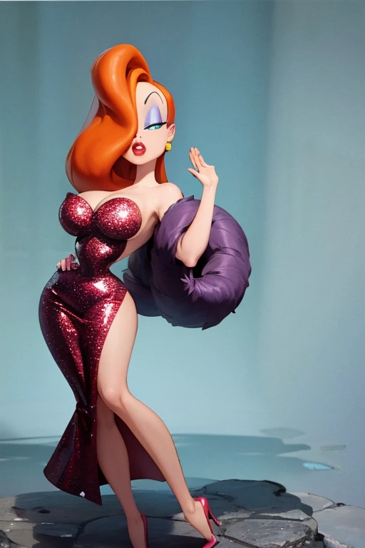 high quality,ultra quality 8k, Ultra 4K,Masterpiece, Orange hair, a tall woman, wide , One eye is hidden by hair, dark purple eyeshadow , Red lipstick, Detailed photos, beauty, attractive body, perfect anatomy of the human body, Jessica rabbit, correct anatomy Bodysuits, Bright red long dress, Dresses with slits up to the waist, Sparkly red sequin dress, Perfect facial balance, long eyelashes, sexy eyebrows, side glance, wide shoulders, Proudly stand up straight, big breasts hands on waist, Soft and sexy look, pantyhose, background is a black and white movie set.