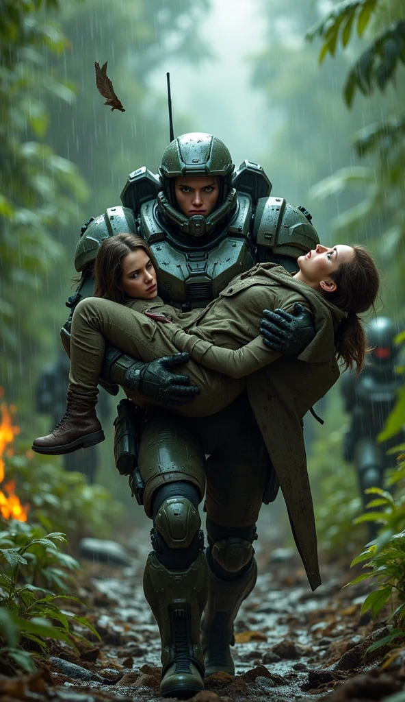 high quality, 8K Ultra HD, beautiful detailed face, blue gorgeous perfect eyes, (black hair ponytail), (attractive young woman:1.3), (thick amazing hair), (seductive:1.1), (blushing:1.1) halo spartan armor, halo weapons, holding a child there arm, "Creepy and intense alien invasion scene with dark atmosphere, dramatic lighting, and intense action