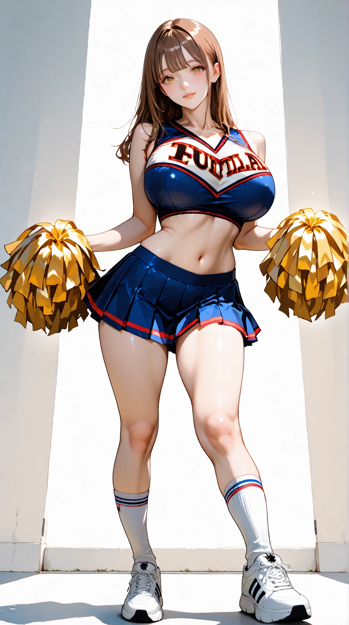 A cute 21 year old woman with gigantic breasts in a cheerleader outfit of loose crop top and pleated skirt with underneath smiling with blue skies seen ((desde abajo))