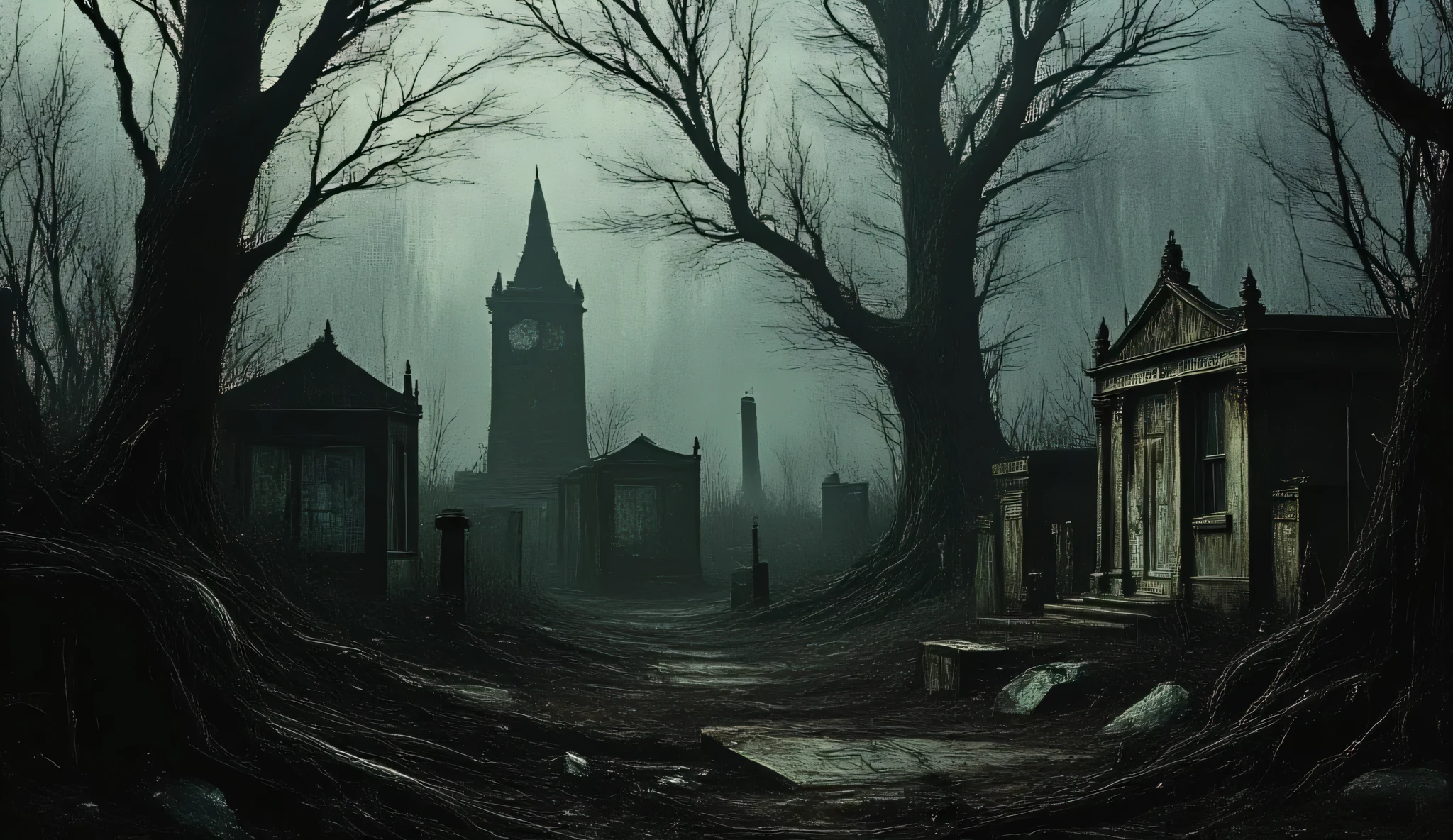 Abandoned graveyard, Gothic cemetery, dilapidated, nighttime, darkness, eerie shadows, twisted trees, foggy, surreal horror, haunting art, high detail, masterpiece.