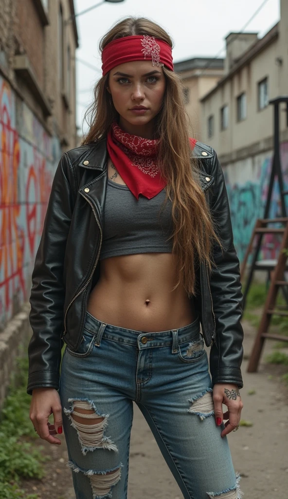 (Alicia Vikander:Evangeline Lilly), green light, glowing eyes, pov below, wind,, masterpiece, best quality, 1girl, cool, serious, medium breasts, long hair, blue  hair, red leather jacket, crop top, tight jeans, green eyes, abs